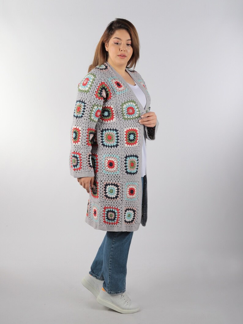 Granny Square Cardigan, Women Boho Coat, Cozy Cream Patchwork Hippie Spring Jacket,Afghan Handmade Knit Sweater, Moms Day Gift for Her image 4