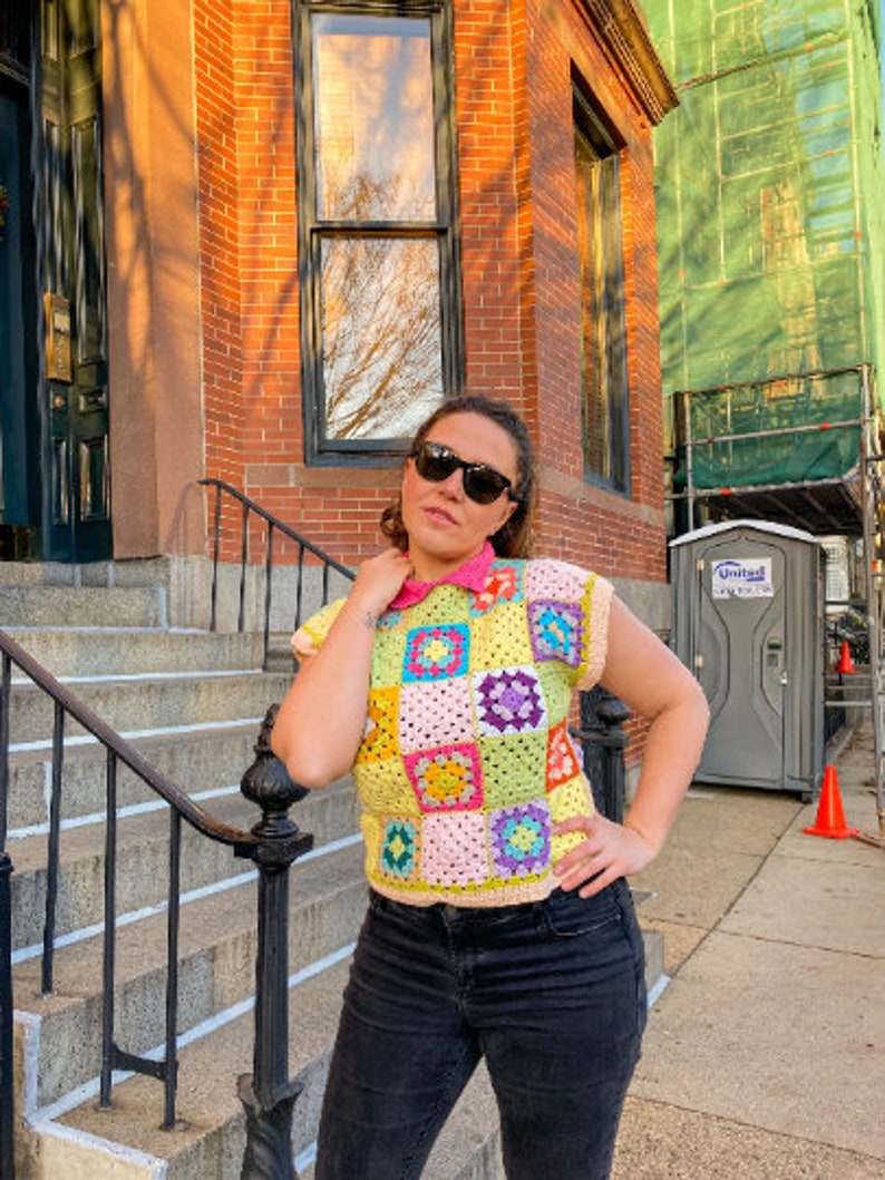 Hand Knit Vest for Women, Colorful Knit Sweater, Cream Waistcoat, Afghan Vest, Cotton Crochet Cardigan,Granny Square Retro Vest,Gift for Her image 2