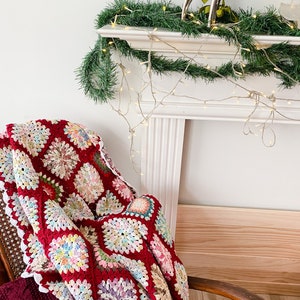 Red Granny Square Handmade Blanket, Afghan Chrochet Throw Bedspread, Boho Home Style, Xmas Holiday Decor, Christmas, Moms Day Gift For Home image 8