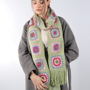 Mint Knit Scarves, Winter Patchwork Boho Retro Scarf, Women Warm Crochet Cable, Handmade Scarf, Red Long Wrap, Gift for Mom, Him or Her