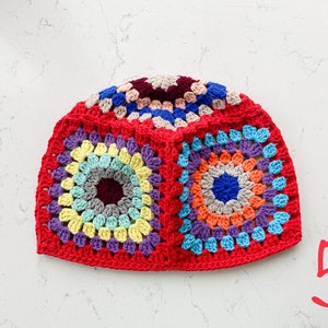 Ready to Ship Beanie Granny Square Colorful Crocheted, Cotton Knit Cap, Cozy Patchwork Hippie Hat,Unisex Valentines Gift for Her, Him zdjęcie 8