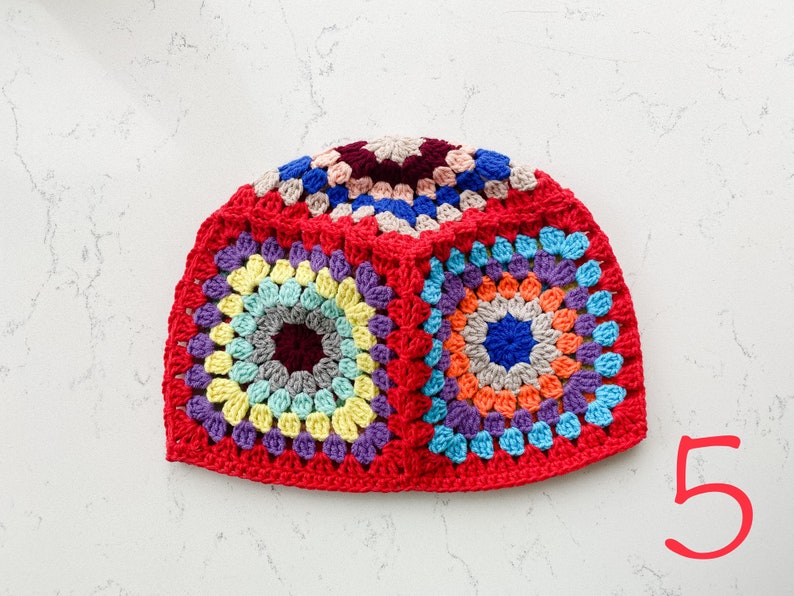 Ready to Ship Beanie Granny Square Colorful Crocheted, Cotton Knit Cap, Cozy Patchwork Hippie Hat,Unisex Valentines Gift for Her, Him zdjęcie 8