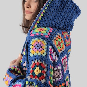 Blue Crochet Cardigan, Women Boho Coat, Cozy Cream Patchwork Hippie Spring Jacket, Afghan Handmade Knit Sweater, Mom’s Day Gift for Her