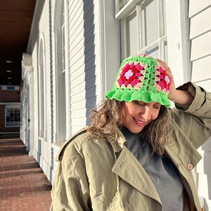 Green Granny Square Hat, Colorful Bucket Hat, Crochet Afghan Hat, Patchwork Hat, Knitted Beanie, Crochet Accessories, Popular Handmade Gift