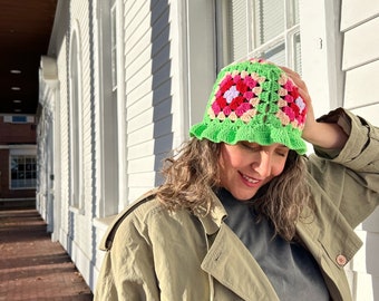 Green Granny Square Colorful Bucket Hat, Colorful Crochet Cap, Cozy Patchwork Hippie Hat, Summer Hat, Unisex Gift for Her, Him, Girlfriend