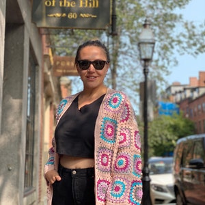 Pink Granny Square Cardigan, Crochet Jacket, Afghan Sweater, Long Coat, Patchwork Coat, Handmade Gift, Holiday Gift