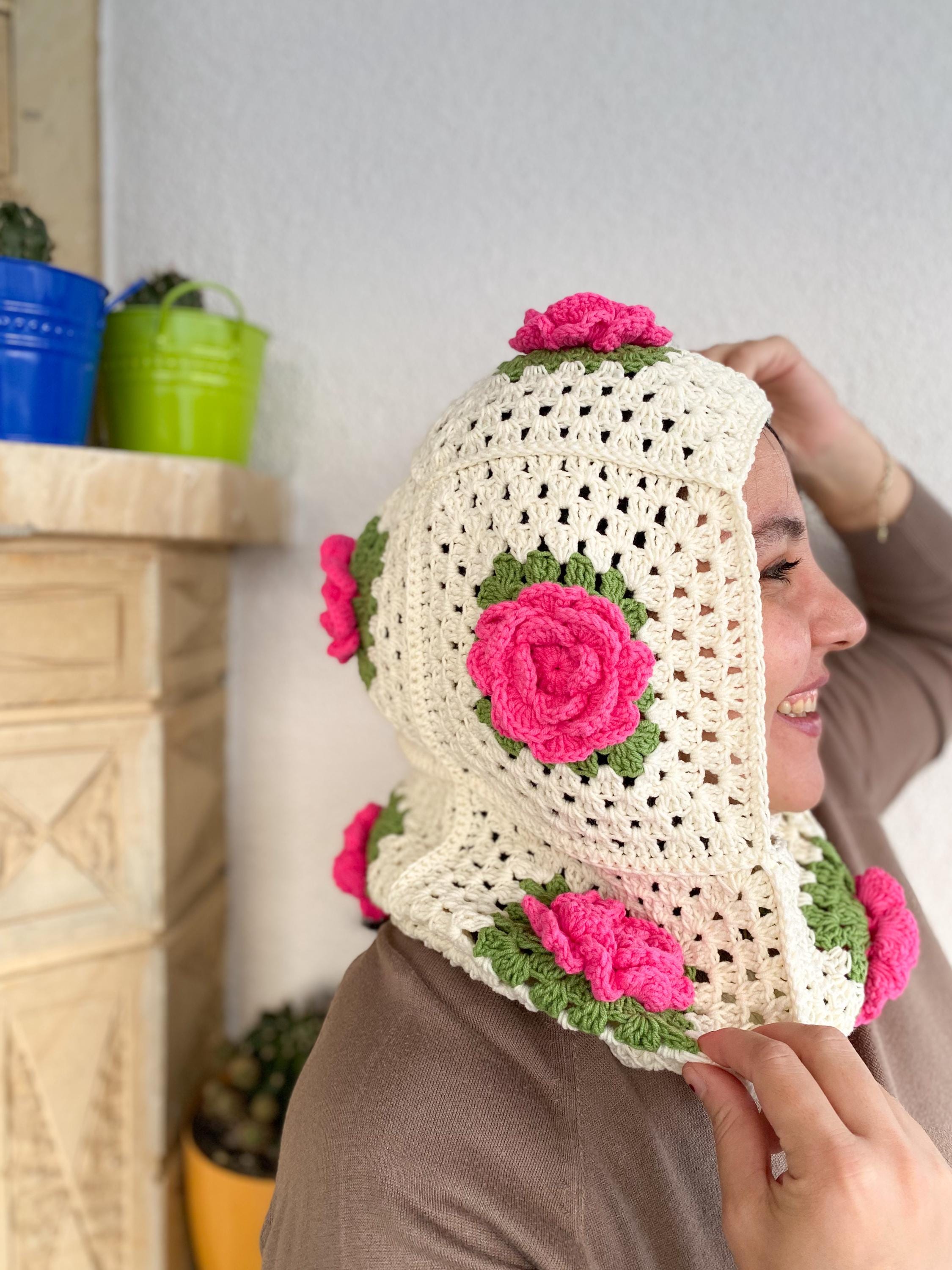 Crochet Pink Rose Balaclava – Granny Square Hood, Floral  display picture 2