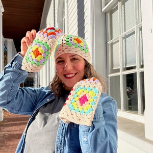 Cream Crochet Beanie, Granny Square Hat, Knitted Cap, Patchwork Hat, Winter Accessories, Popular Unisex Handmade Gift for Her, Him