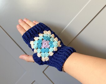 Dark Blue Granny Square Fingerless Gloves, Crochet XMAS Accessories, Purple Handmade Cotton Winter Gloves, Unisex Gift for Her, Him, Friend