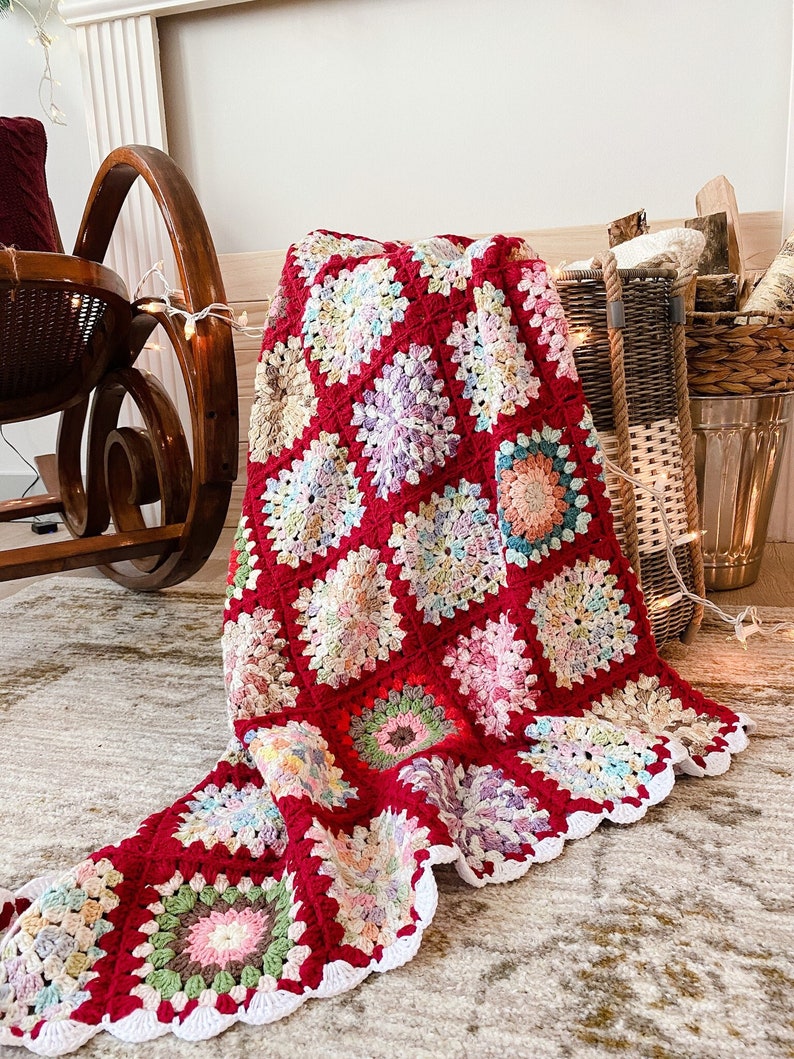 Red Granny Square Handmade Blanket, Afghan Chrochet Throw Bedspread, Boho Home Style, Xmas Holiday Decor, Christmas, Moms Day Gift For Home image 1