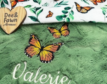 Green Monarch Butterfly Personalized Baby Crib Blanket | Lovey Blanket | Pacifier Blanket | New Born Baby Gift | Baby Shower Gift