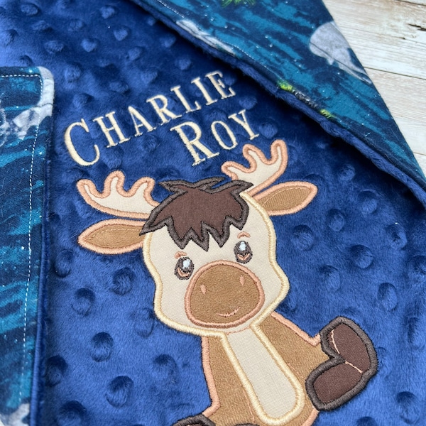 Moose Personalized Crib Blanket |Personalized Baby Boy Blanket | New Born Baby Gift | Baby Shower Gift | Baby Woodland Lovey  |