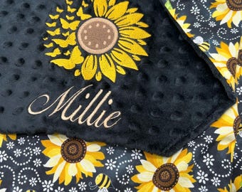 Sunflower Personalized Baby Crib Blanket | Personalized Lovey Blanket | Pacifier Blanket | New Born Baby Gift | Baby Shower Gift