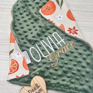 Olive What A Cutie Personalized Baby Blanket | Orange and Flowers Lovey Blanket |  | New Born Baby Gift | Baby Tangerine Lovey