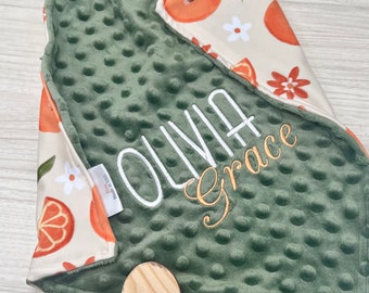 Olive What A Cutie Personalized Baby Blanket | Orange and Flowers Lovey Blanket |  | New Born Baby Gift | Baby Tangerine Lovey