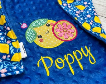 Copertina per neonato personalizzata con motivo limone blu / Copertina per neonato personalizzata / Regalo per neonato / Regalo per baby shower / Copertina per bambina con motivo limone