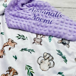Girl’s Purple Safari Personalized Baby Crib Blanket | Animal Lion Lovey Blanket | Elephant Blanket | New Born Baby Girl Gift Giraffe Hippo|