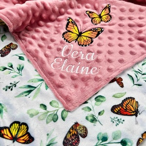 Orange & Pink Monarch Butterfly Personalized Baby Crib Blanket | Lovey Blanket | Pacifier Blanket | New Born Baby Gift | Baby Shower Gift