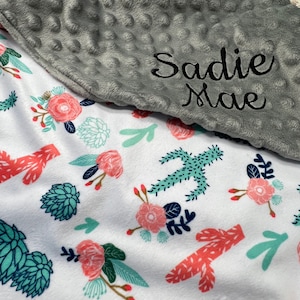 Gray Cactus Personalized Baby Crib Blanket | Personalized Lovey Blanket | Pacifier Blanket | New Born Baby Gift | Baby Shower Gift