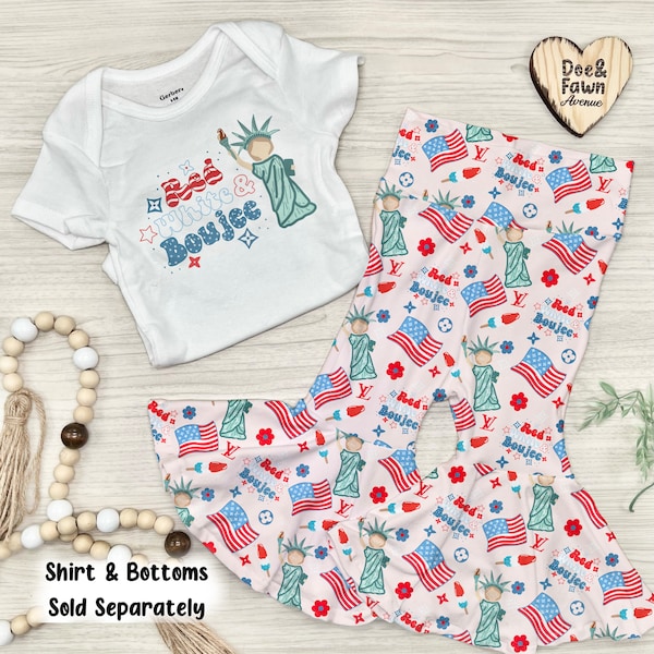 Red White & Boujee Baby True Bell Bottoms | American Statue of Liberty Toddler Retro Pants | USA Patriotic Children’s Outfit | 4th of July