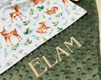 Hirsch personalisierte Baby Krippe Decke | Personalisierte Baby Jungen Decke | Neugeborenen Geschenk | Baby-Dusche-Geschenk | Hirsch Waldland Lovey |