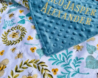 Blue Honey Bee Personalized Baby Crib Blanket | Personalized Lovey Blanket | Pacifier Blanket | New Born Baby Gift | Baby Shower Gift