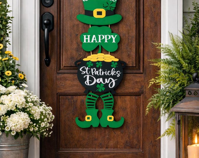 St. Patrick’s Day Leprechaun Door Hanger | Vertical Porch Decor | Shamrock & Pot of Gold Sign