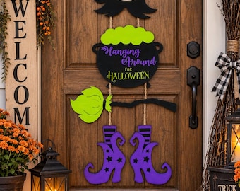Personalized Witch Dangler Door Hanger, Halloween Decor, Family Name Cauldron