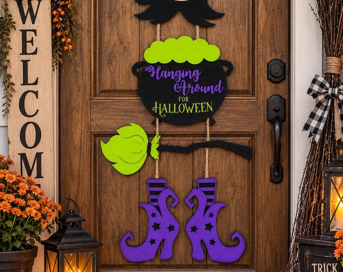 Personalized Witch Dangler Door Hanger, Halloween Decor, Family Name Cauldron