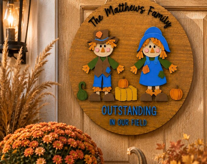 Personalized Scarecrow Door Hanger | Farmhouse Autumn Porch Sign