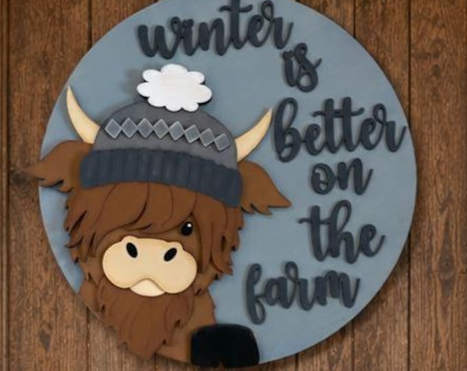 Handcrafted Highland Cow Door Hanger | Winter Farmhouse Sign