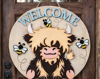 Highland Cow Welcome Sign | Layered Wooden Door Hanger with Bees