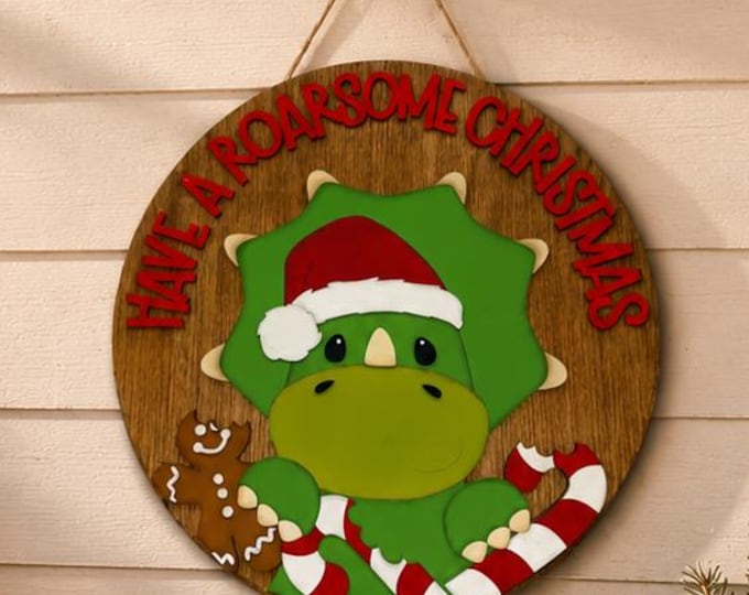 Handcrafted Wooden Dinosaur Christmas Door Sign | Roarsome Holiday Decor