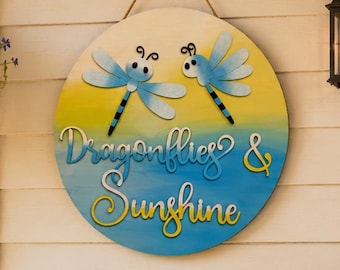 Hand-Painted Dragonflies & Sunshine Wooden Sign | Rustic Porch Decor