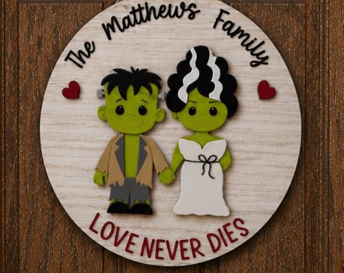 Personalized Frankenstein Couple Door Hanger | Rustic Farmhouse Halloween Family Sign