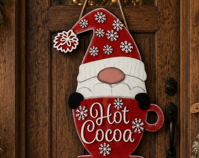 Personalized Hot Cocoa Gnome Door Hanger | Wood Christmas Gnome Sign