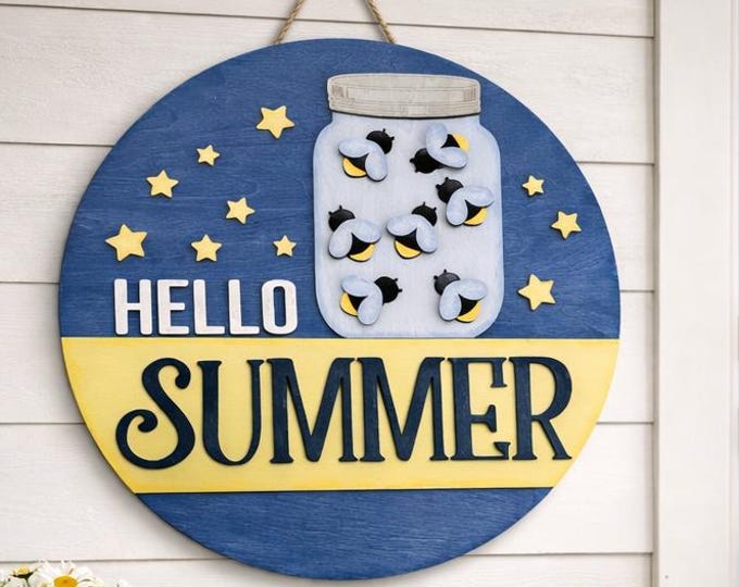 Firefly Mason Jar Summer Door Hanger | Round Farmhouse Welcome Sign