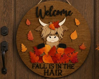Personalized Highland Cow Fall Door Hanger, Rustic Autumn Welcome Sign