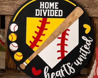Home Divided Hearts United Baseball Softball Door Hanger, Personalized Family Sign