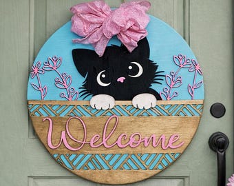 Custom Cat Welcome Sign – Personalized Colors, Real Wood Door Hanger,
