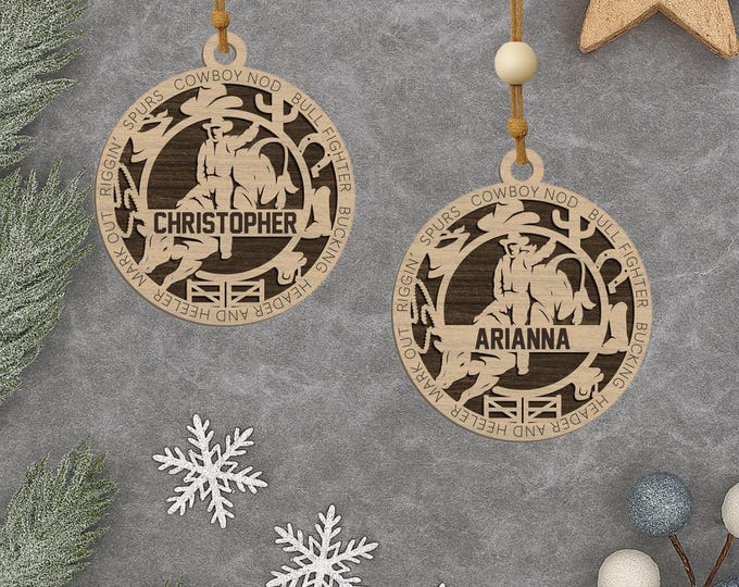 Personalized Bull Riding Ornament: Laser Engraved Rodeo Gift