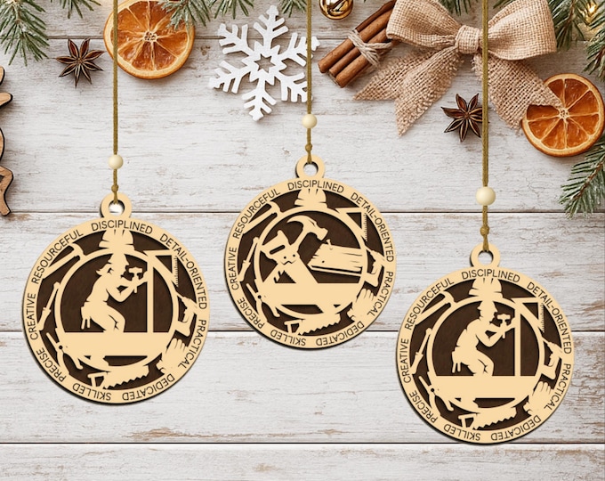 Personalized Wood Carpenter Ornament, Handcrafted Woodworker Gift, Custom Tradesman Keepsake
