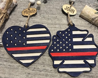 Personalized Thin Red Line Firefighter Ornament – Wood Heart or Maltese Cross