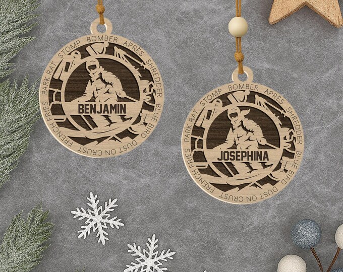 Personalized Skiing Ornament: Custom Engraved Wood Christmas Gift