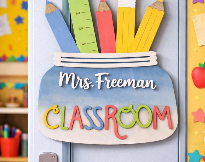 Personalized Teacher Classroom Door Sign | Mason Jar Pencil Decor
