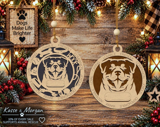 Personalized Rottweiler Dog Ornament, Custom Engraved Wood Christmas Gift