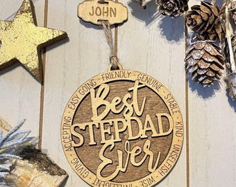 Personalized Step Family Christmas Ornament: Engraved Wood Family Gift