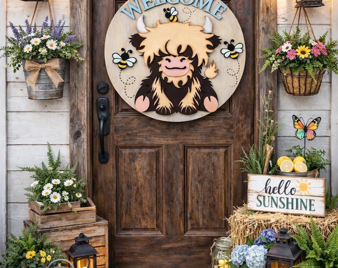Highland Cow Welcome Sign | Layered Wooden Door Hanger with Bees