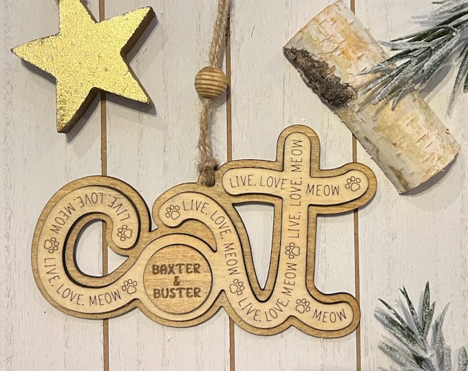 Personalized Cat Christmas Ornament – Rustic Wooden Pet Keepsake with Custom Name