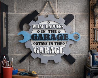 What Happens in the Garage Sign | Garage Wall Decor | Mechanic Gift | Man Cave Workshop Wooden Sign